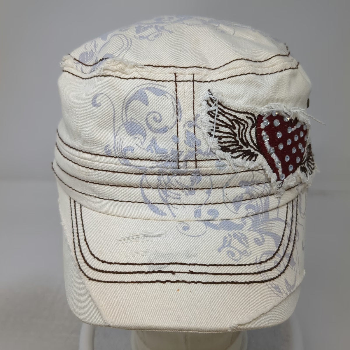 Samana Army Cap White One Size Floral Heart Wing Patch Rhinestone Distressed Hat