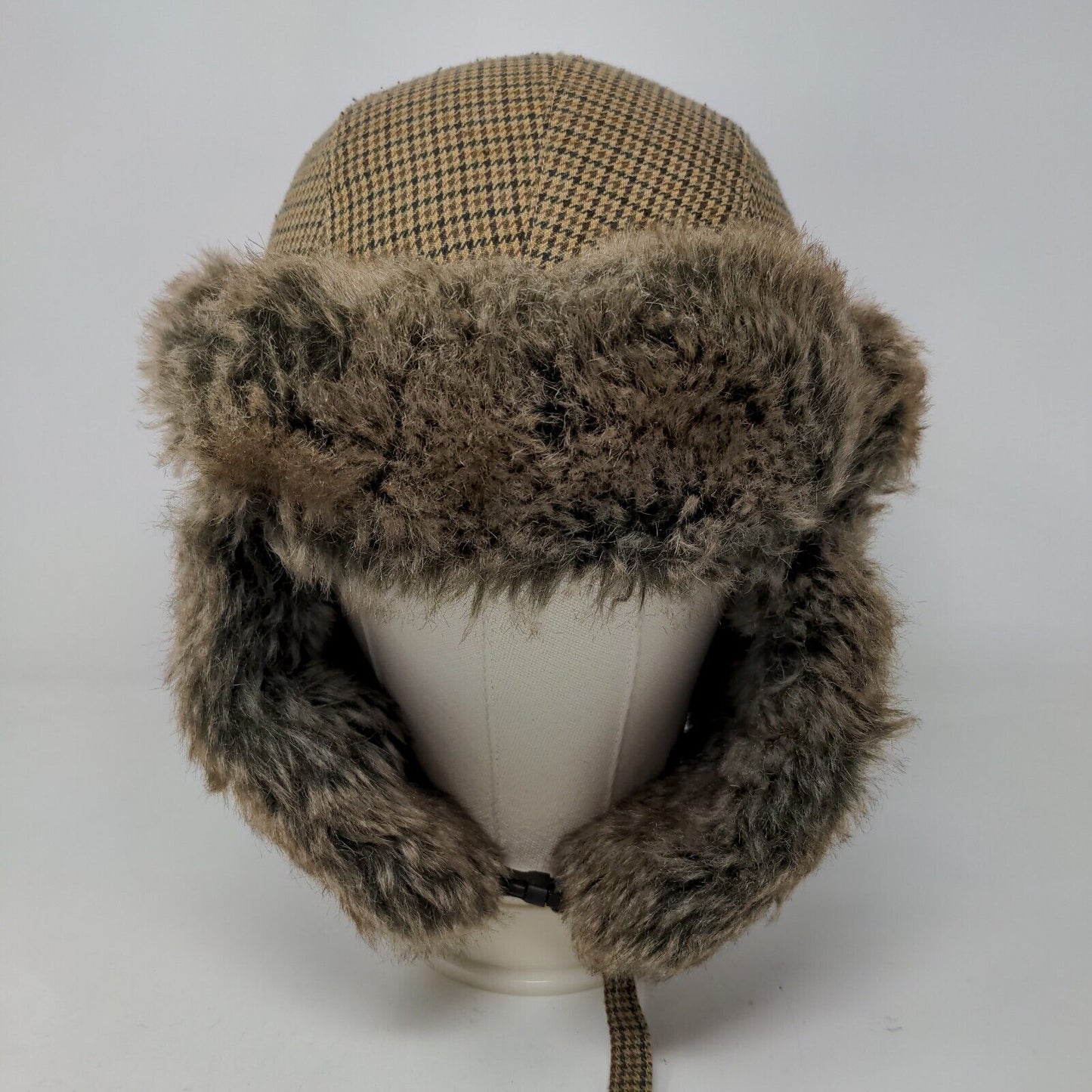 Unbranded Men's Trapper Hat Brown Check 57/M Vegan Fur Lining 100% Polyester