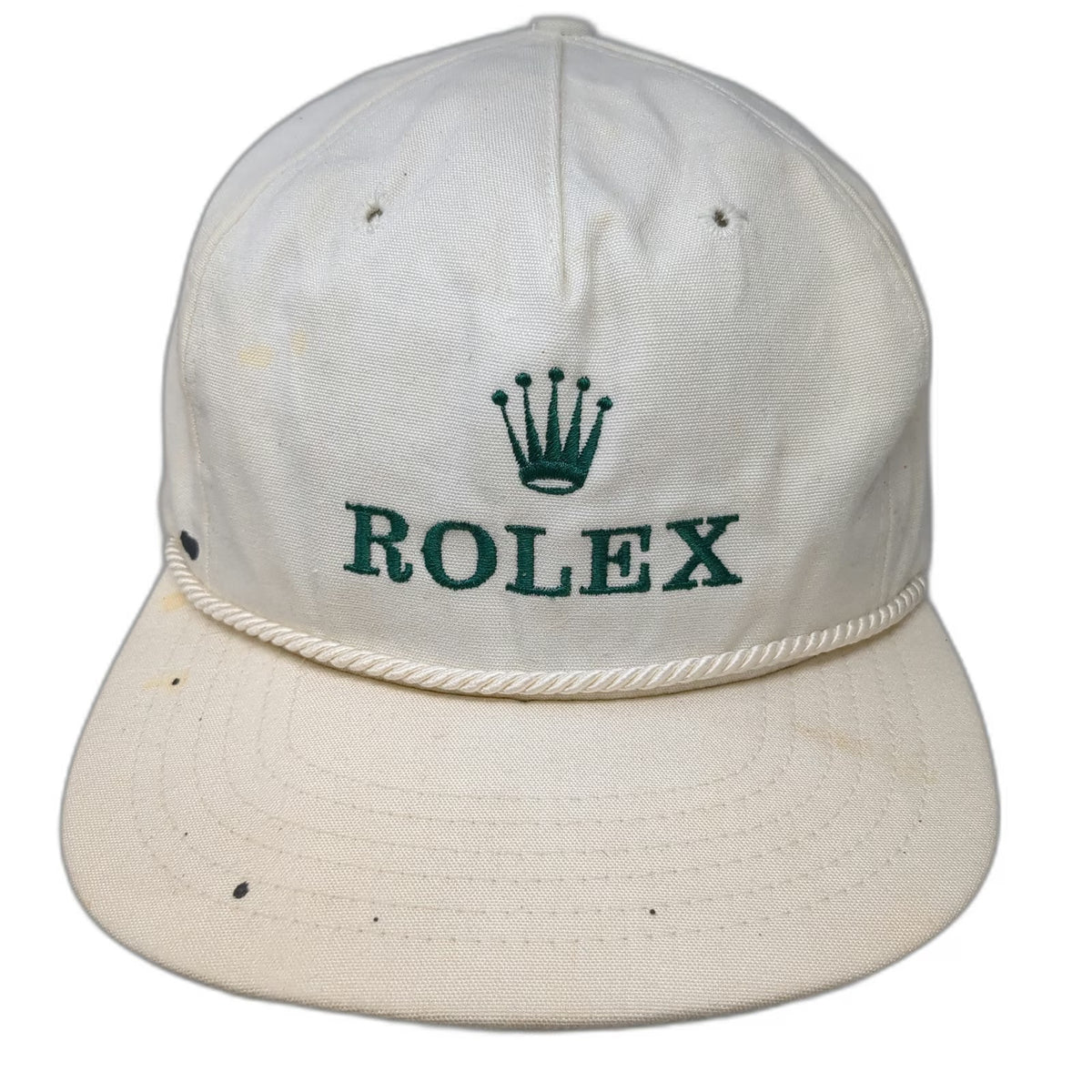 Texace Trucker Hat White Rolex Logo Rope Brim Green Underbrim Made USA Vintage