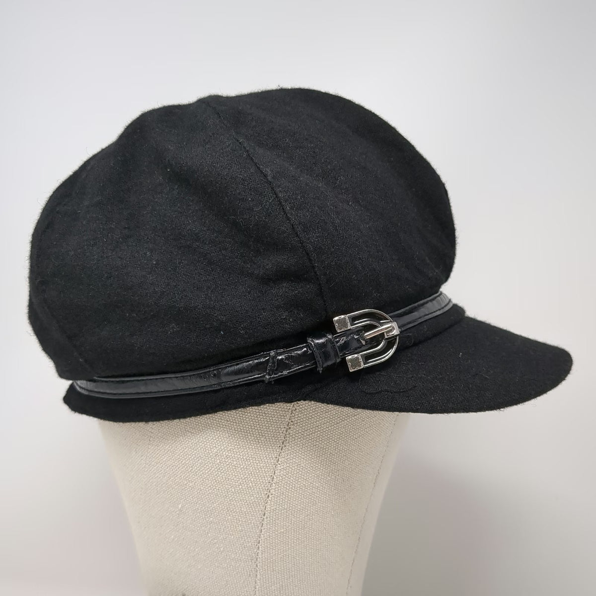 Nine West Army Cap Black One Size Wool Blend Buckle Strap Fashion Flat Top Hat