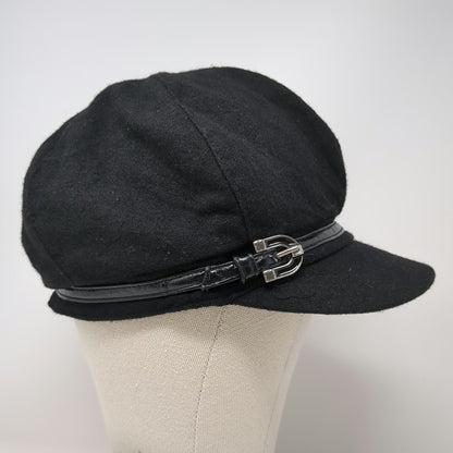 Nine West Army Cap Black One Size Wool Blend Buckle Strap Fashion Flat Top Hat