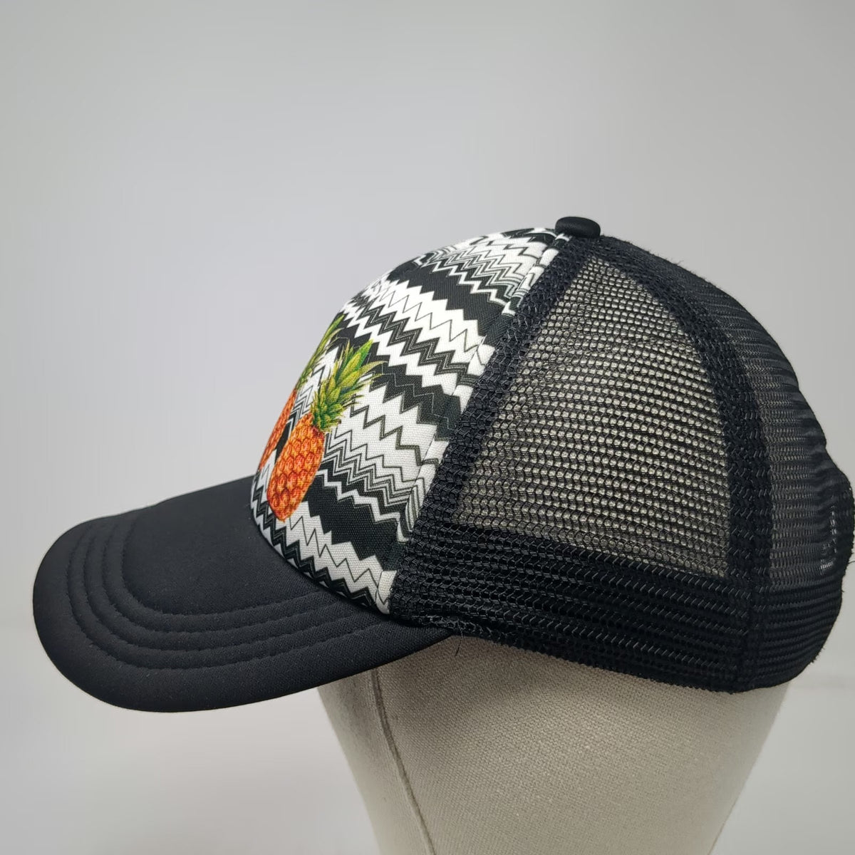 No Boundaries Trucker Hat Black One Size Mesh Snapback Pineapple Chevron Pattern