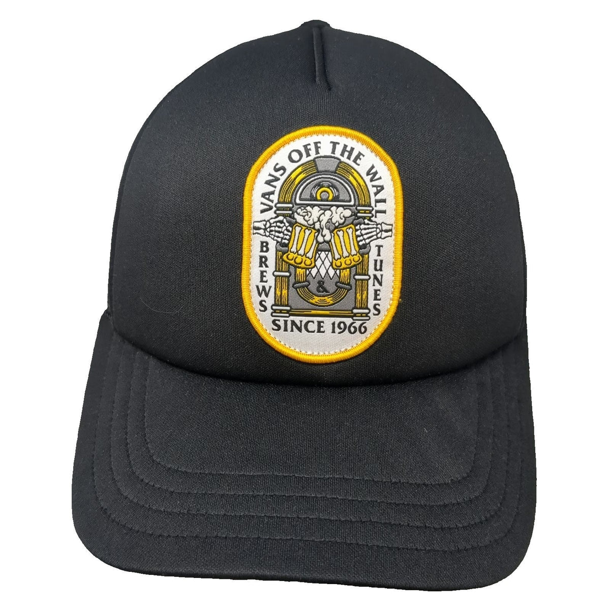 Vans Trucker Hat Black One Size Mesh Back Brews Tunes Jukebox Skeleton Patch