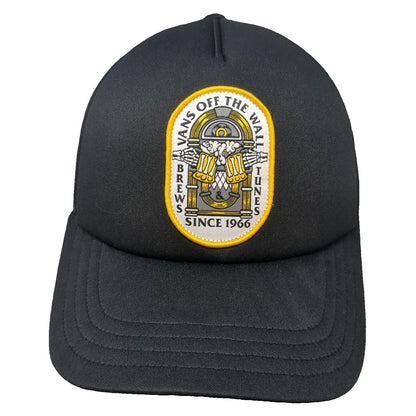 Vans Trucker Hat Black One Size Mesh Back Brews Tunes Jukebox Skeleton Patch