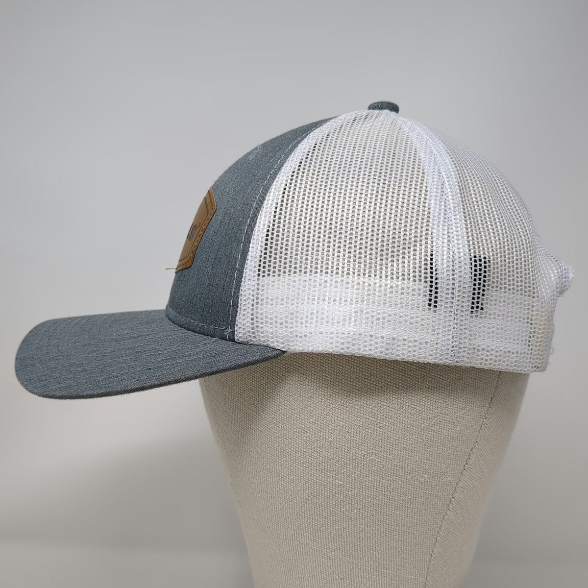 Scheels Trucker Hat Gray White Brown One Size Leather Patch Mesh Back Snapback