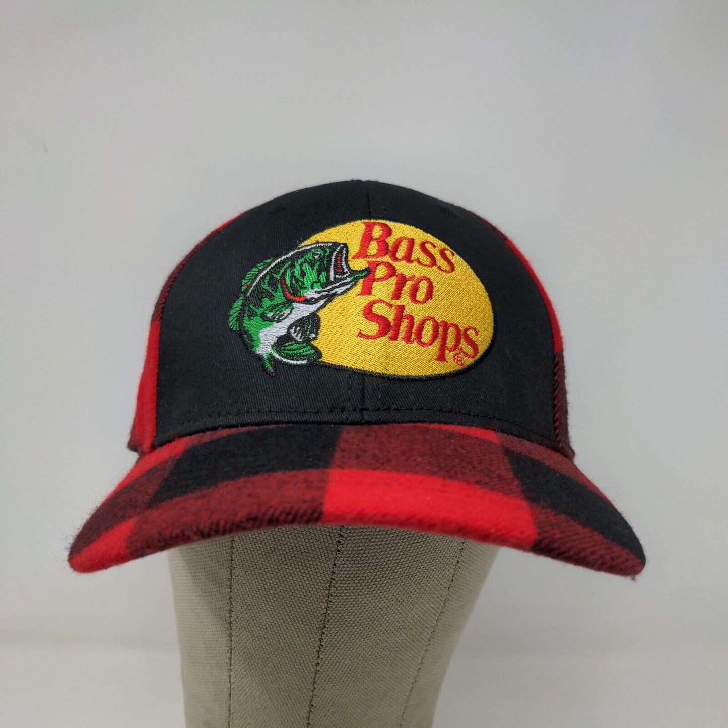 Bass Pro Shops Men's Snapback Hat Red Black Buffalo Plaid Size OSFM Embroidered