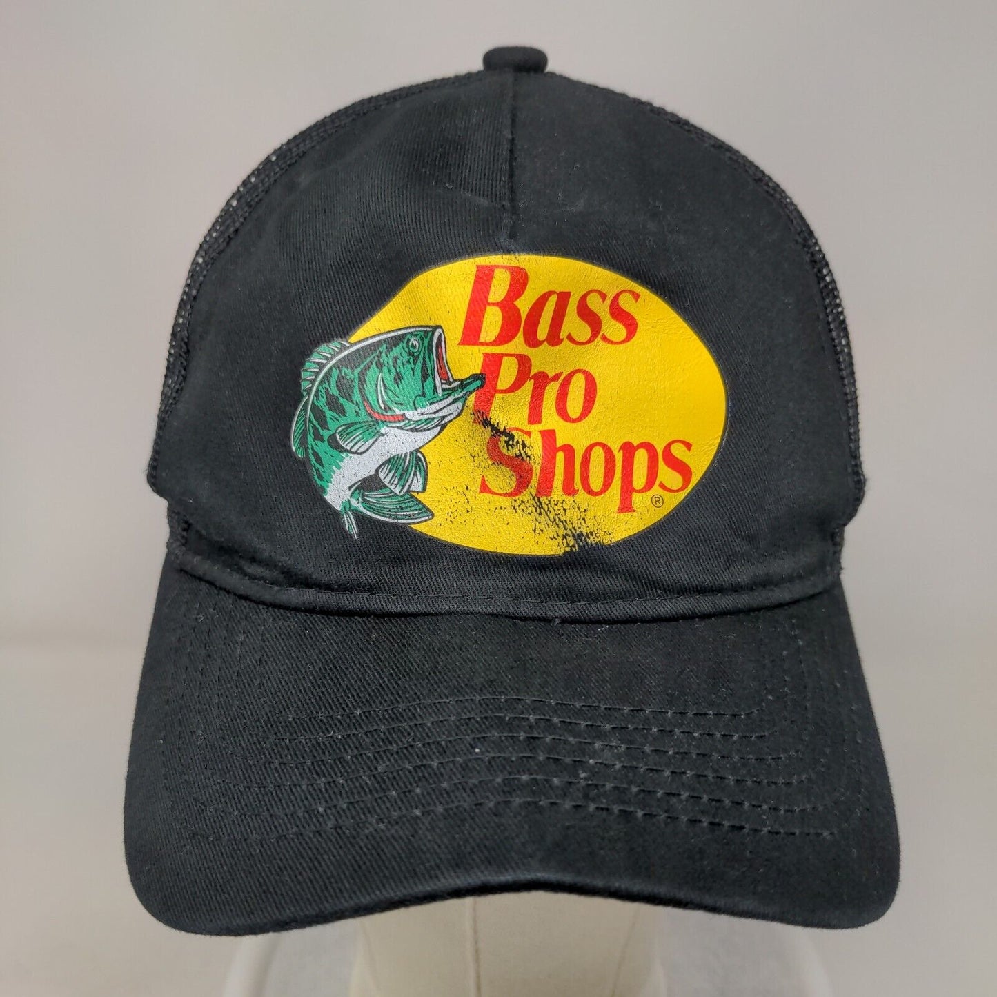 Bass Pro Shops Snapback Trucker Hat Black OSFM Gone Fishing 6 Panel Mesh Back