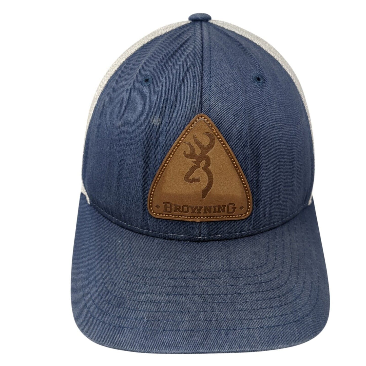 Browning Snapback Trucker Hat Blue One Size Adjustable Leather Patch Mesh Back