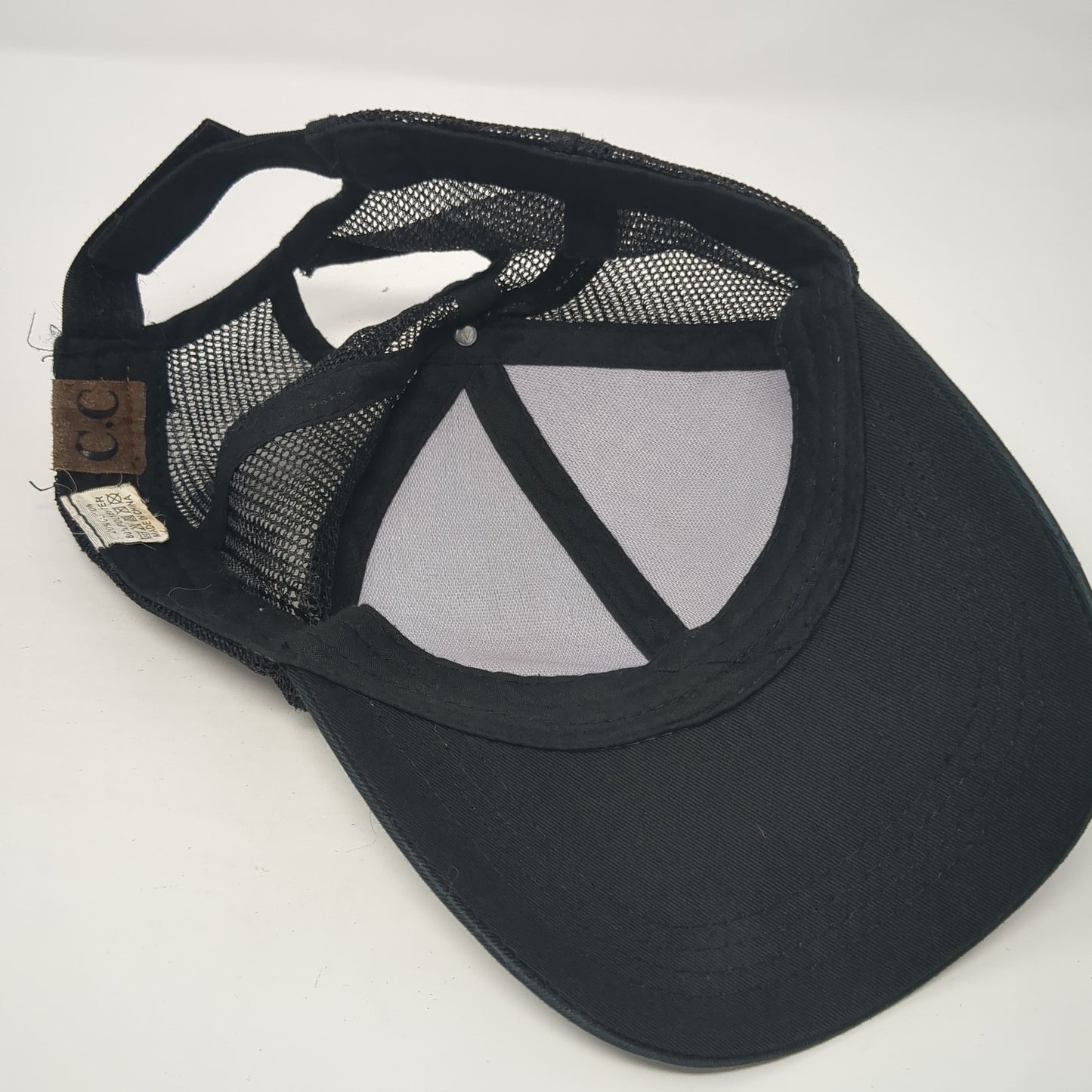 C.C Exclusives Ponytail Trucker Hat Black One Size Adjustable Mesh Back Blank