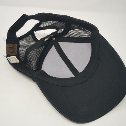 C.C Exclusives Ponytail Trucker Hat Black One Size Adjustable Mesh Back Blank