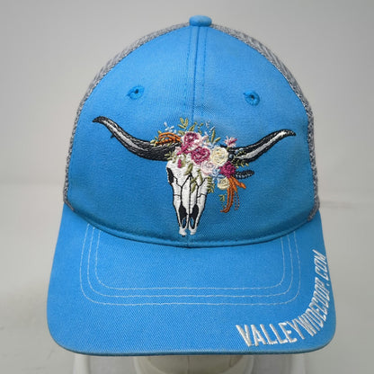 Vie Trucker Hat Blue Gray White One Size Mesh Floral Longhorn Skull Embroidery