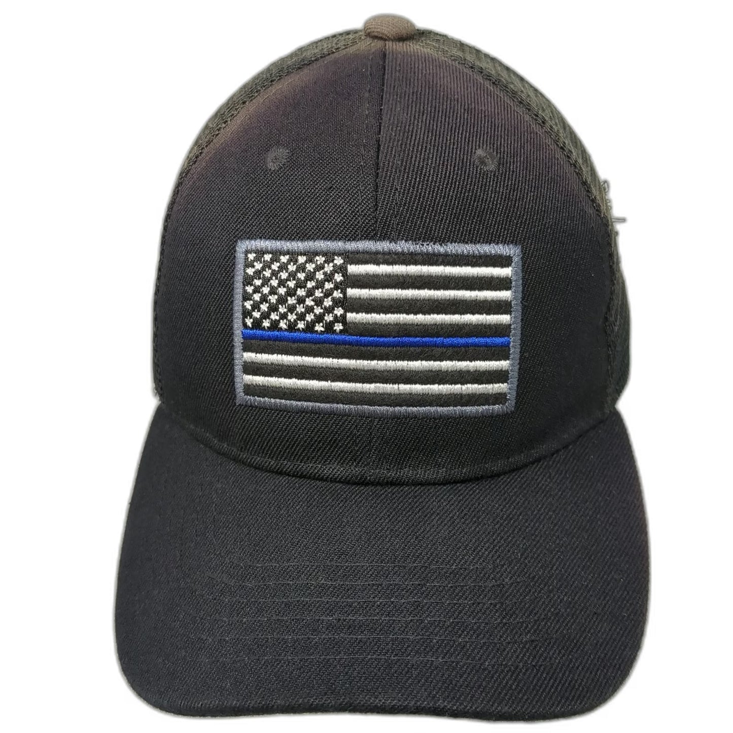 Big Bear Trucker Hat Black One Size Thin Blue Line Flag Patch Mesh Snapback