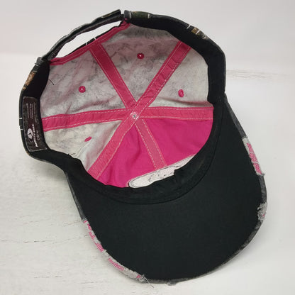 Mossy Oak Baseball Cap Black Pink One Size Distressed Lace Camo Hat Stitching