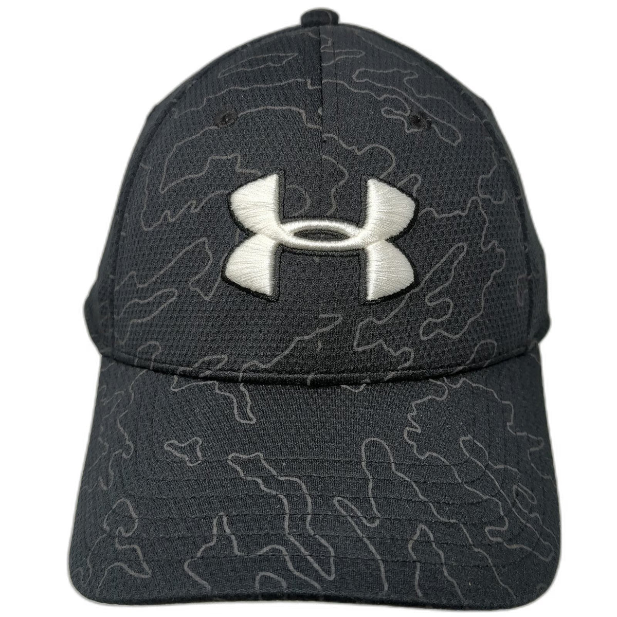Under Armour Baseball Cap Black L Hat Fitted Gray Camo Topo Pattern Blitzing