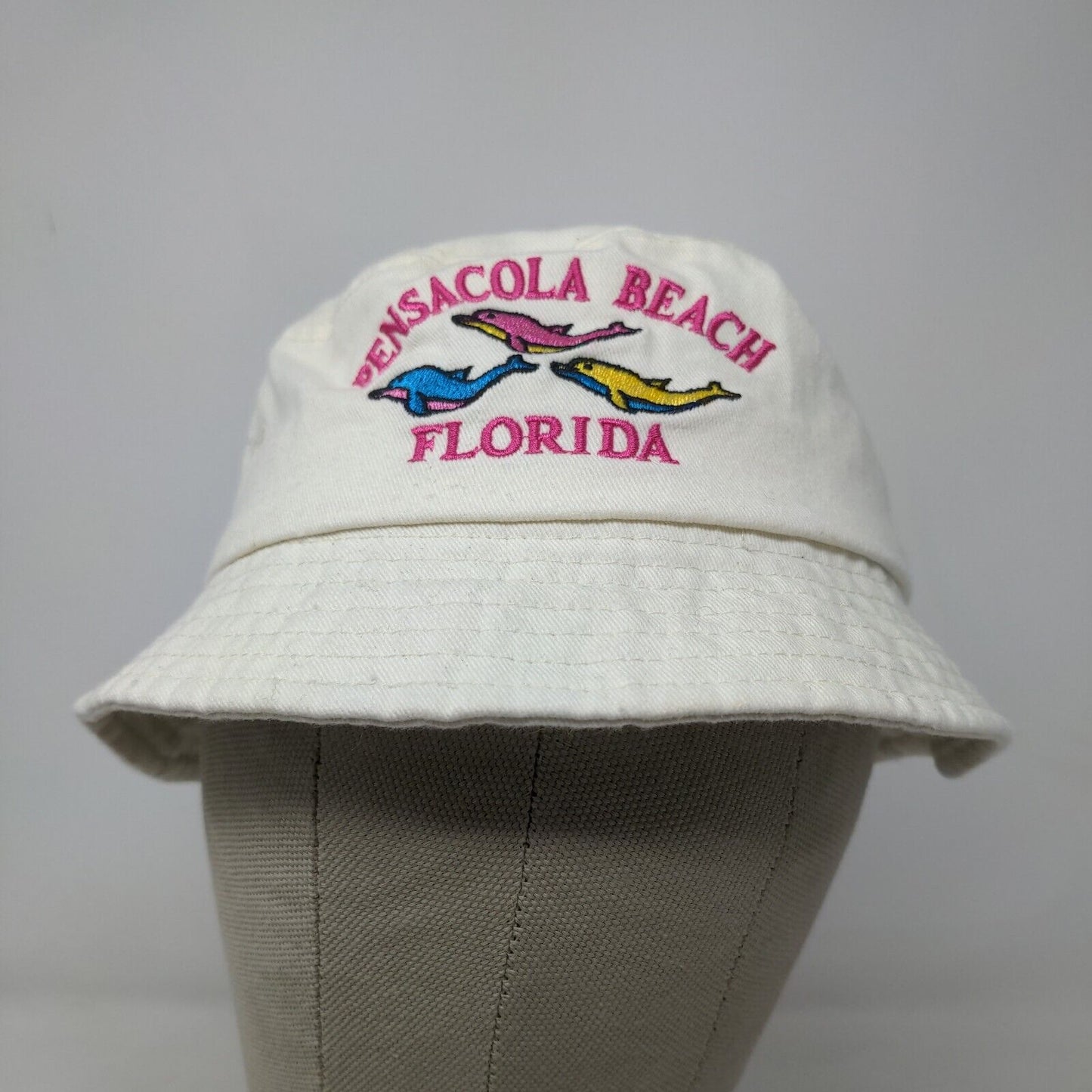 Alvin's Island Boys Bucket Hat Cream Embroidered Pensacola Beach FL Logo Dolphin