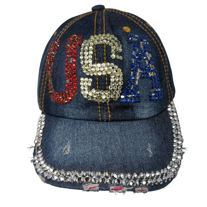 USA Slideback Baseball Cap Blue One Size Adjustable Rhinestone Distressed Denim