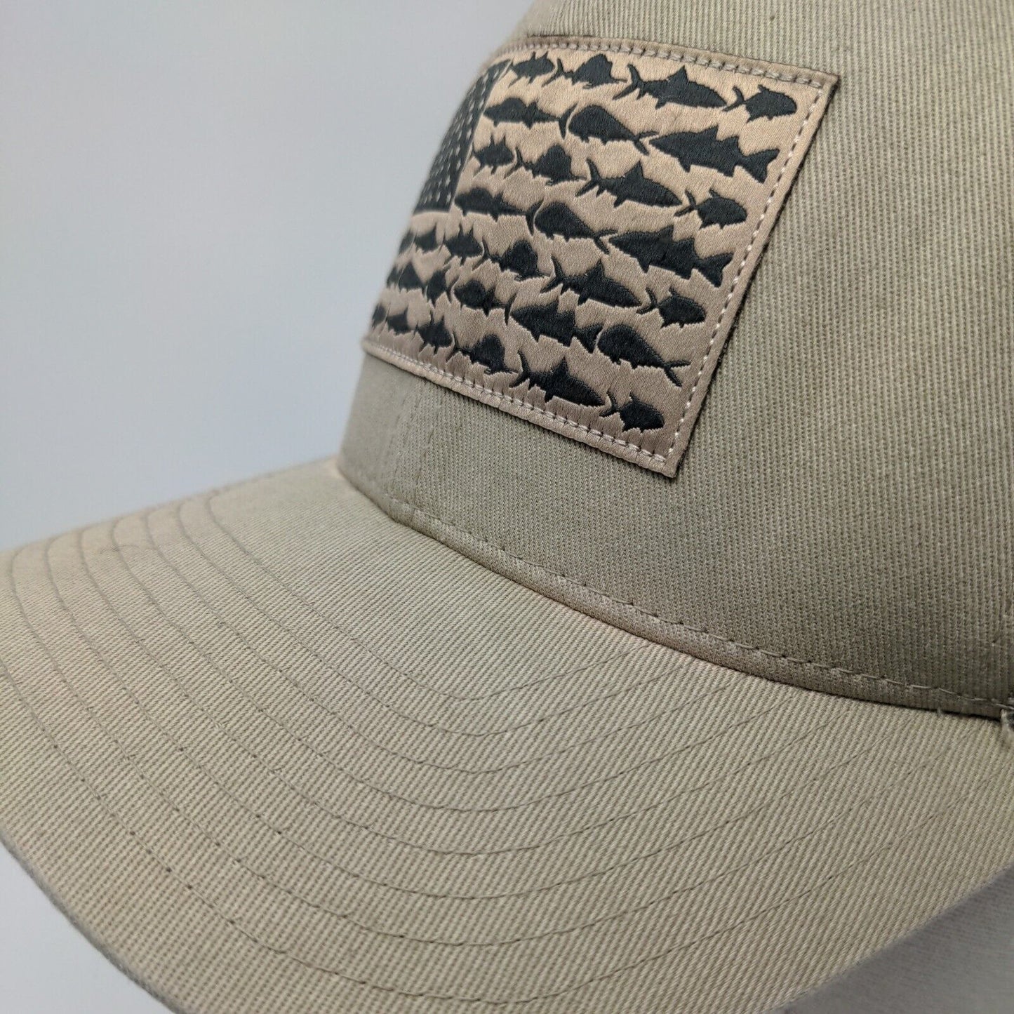 Columbia PFG Fish Flag Patch Fitted Trucker Hat Tan OSFA Flexfit