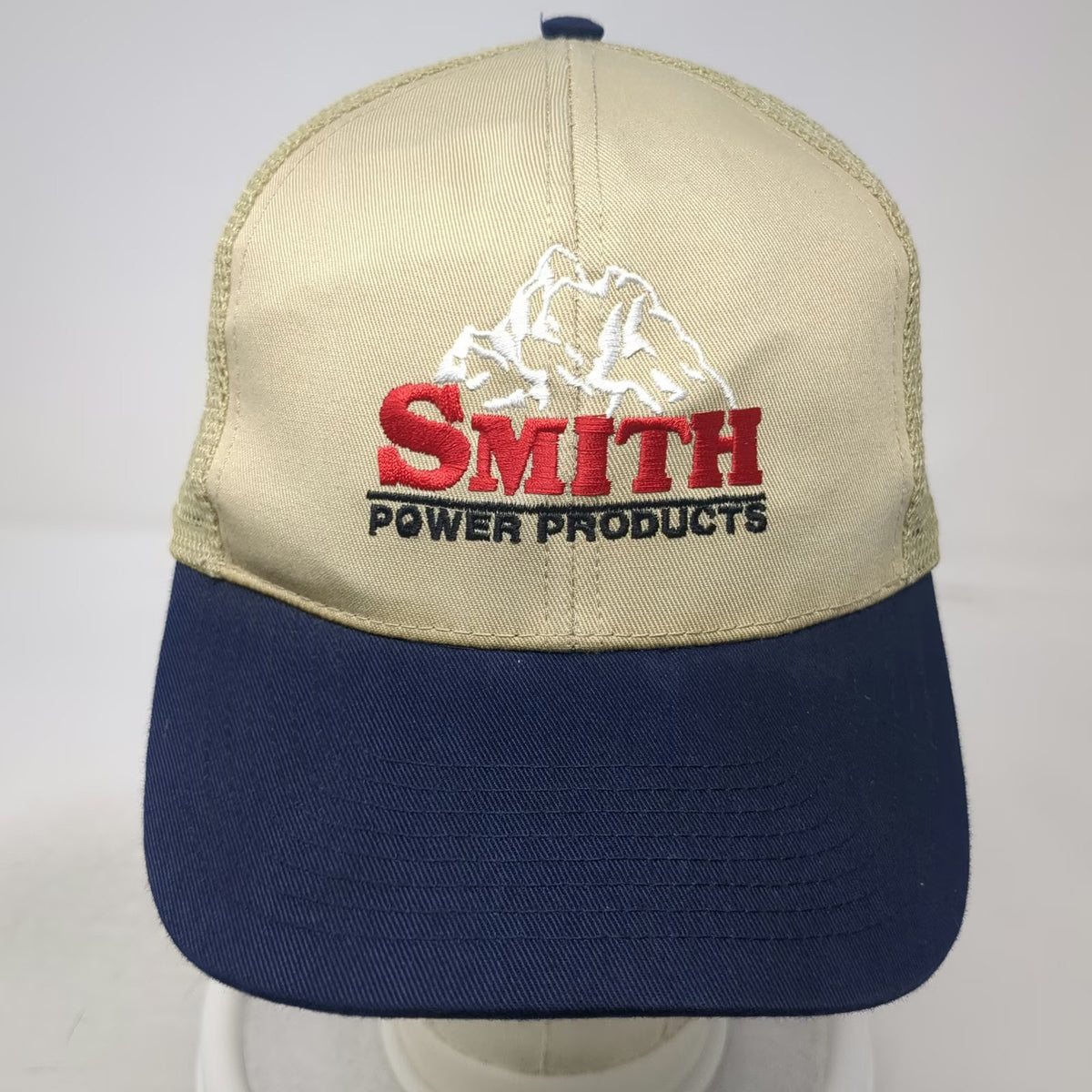 Otto Trucker Hat Beige Blue Smith Power Products Mountain Logo One Size Snapback