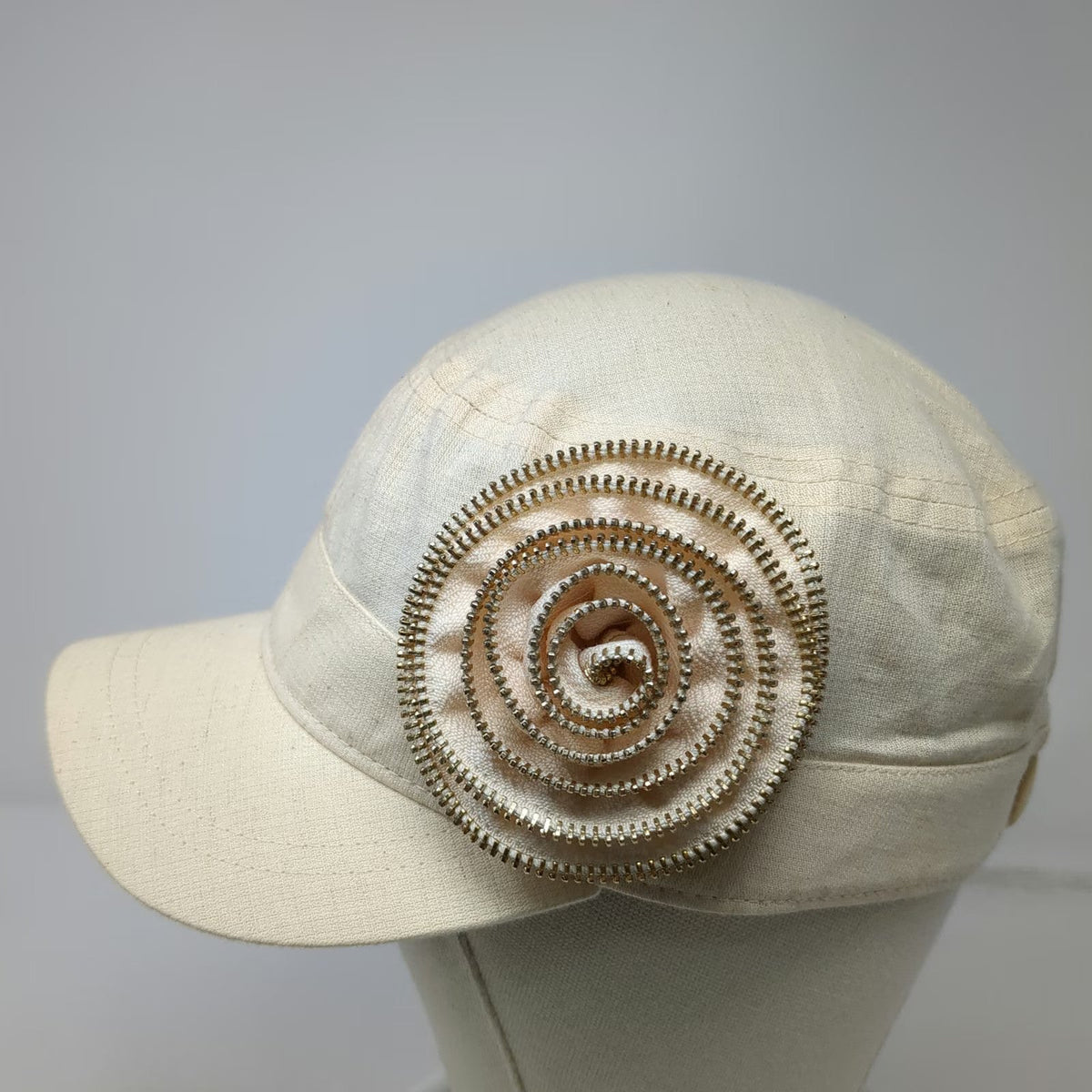 Beige Army Cap One Size Hat Flower Gold Zipper Trim Accent Cadet Elastic Back
