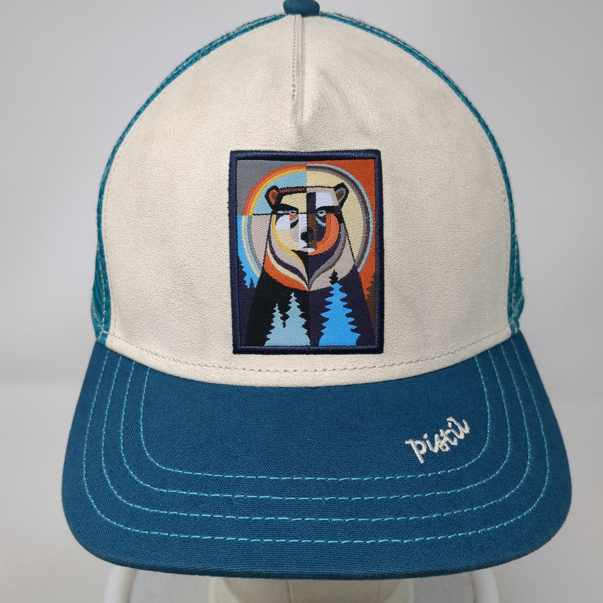Pistil Trucker Hat Blue Beige One Size Geometric Bear Patch Mesh Snapback Art
