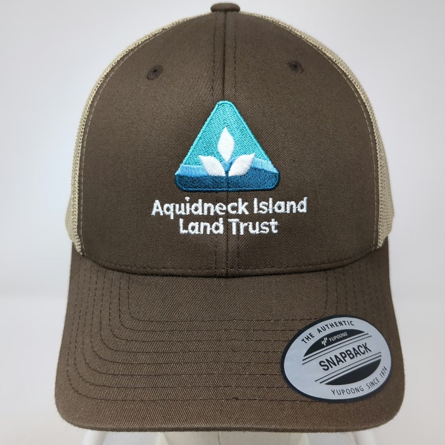 Yupoong Trucker Hat Brown OSFM Mesh Snapback Aquidneck Island Land Trust Logo