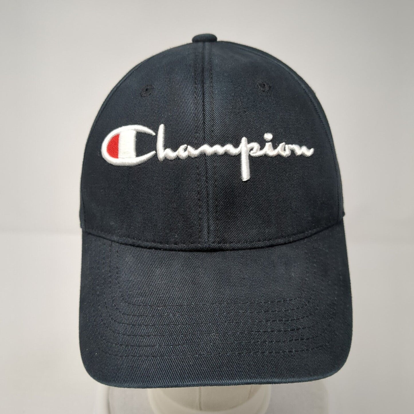 Champion Slideback Hat Black One Size Adjustable Embroidered 6 Panel Cotton