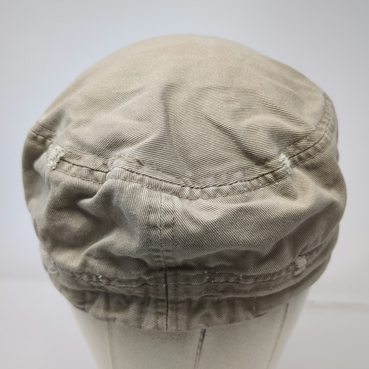 Army Cap Beige One Size Distressed Cadet Style Flat Top Frayed Edge Cotton Hat