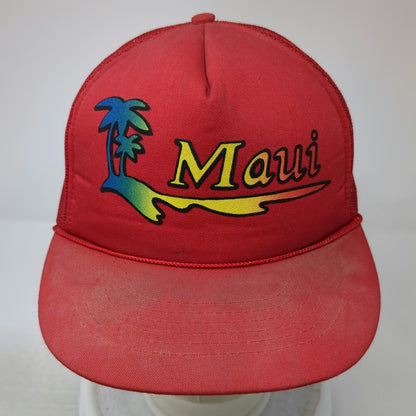 Maui Trucker Hat Red One Size Mesh Snapback Rainbow Palm Tree Hawaii Souvenir
