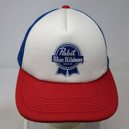 Pabst Blue Ribbon Trucker Hat White Blue Red One Size Mesh Snapback Beer Logo