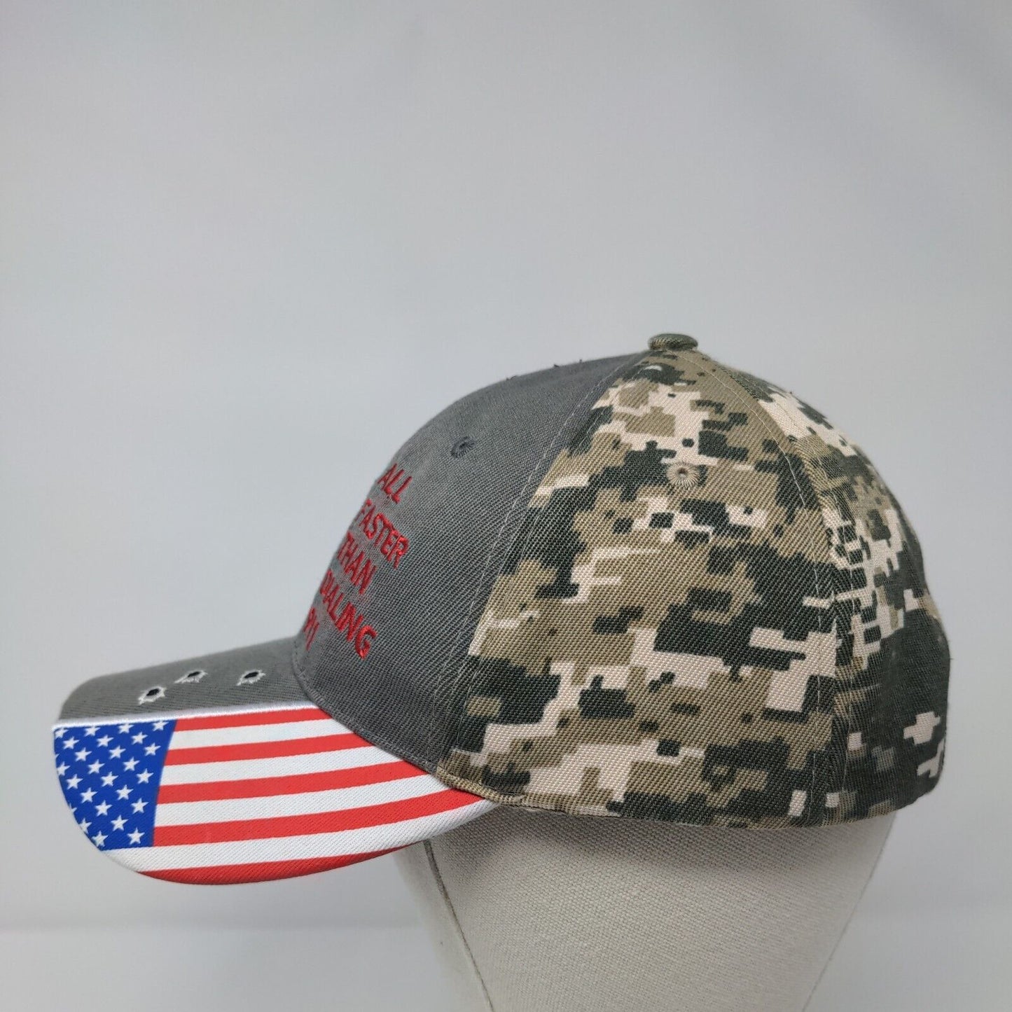 All Faster Than Dialing 911 USA Flag Strapback Hat Camouflage OSFM Patriotic