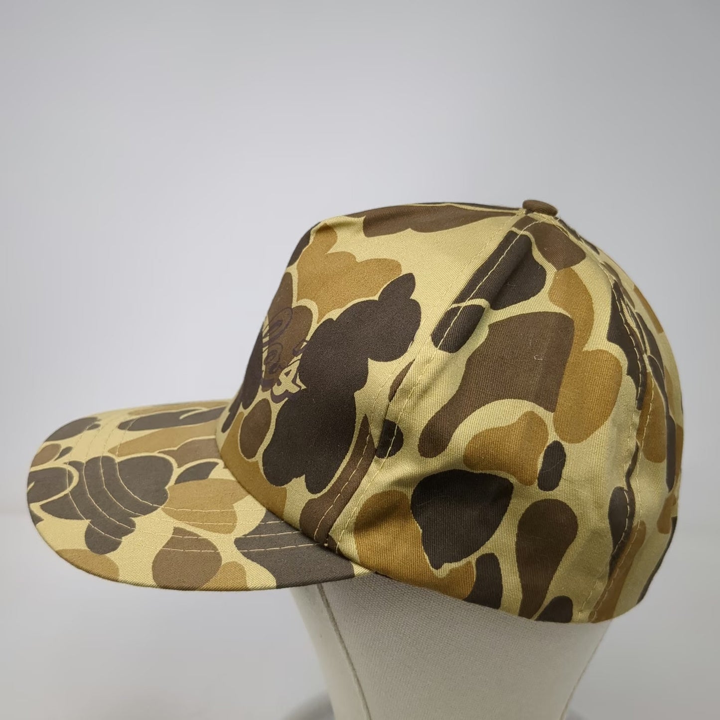 Cabela's 5 Panel Beige Duck Camo Snapback Cotton Flat Brim Script Hat Vintage