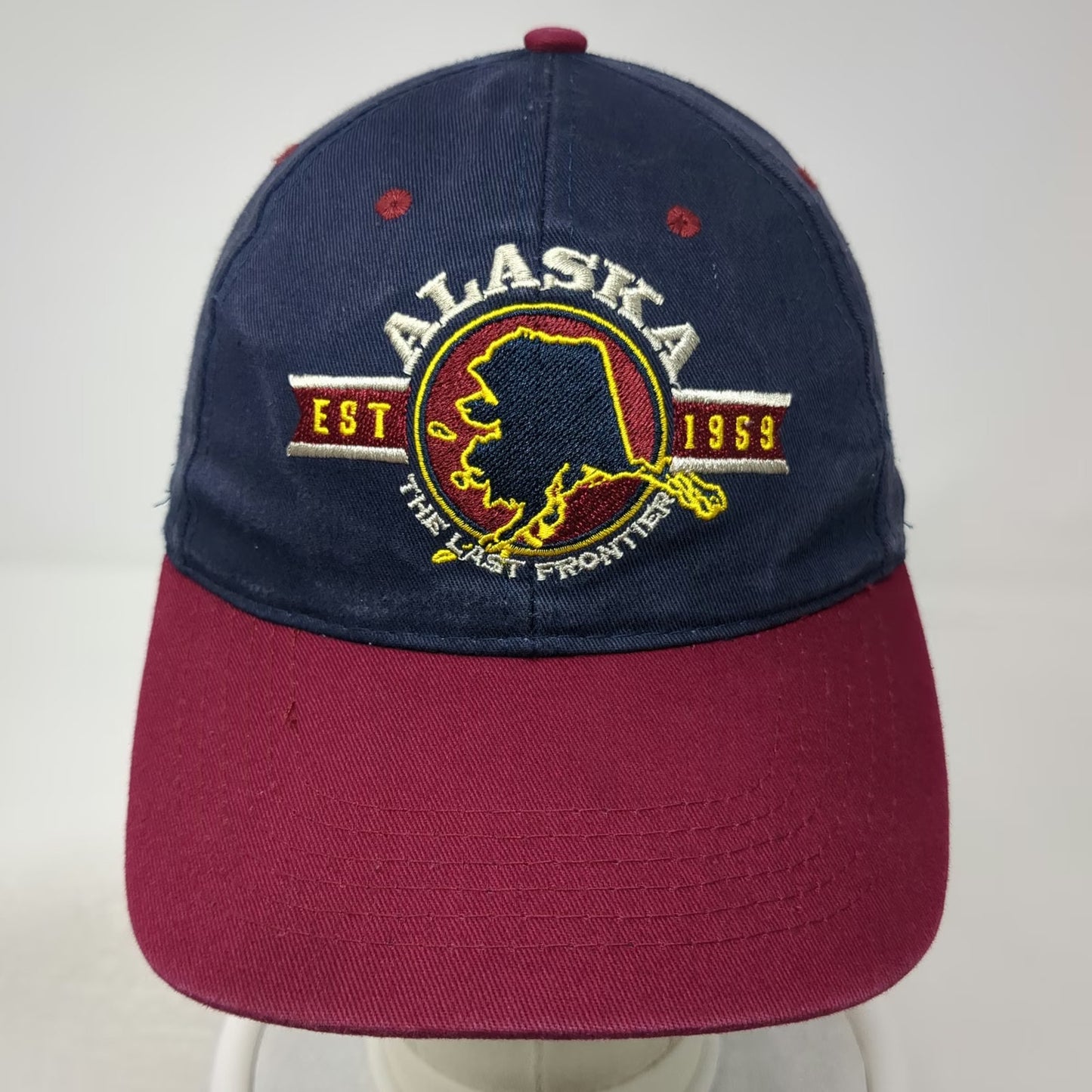 907 Alaska Brand Baseball Cap Blue Red OSFM Last Frontier Map Embroidered Hat