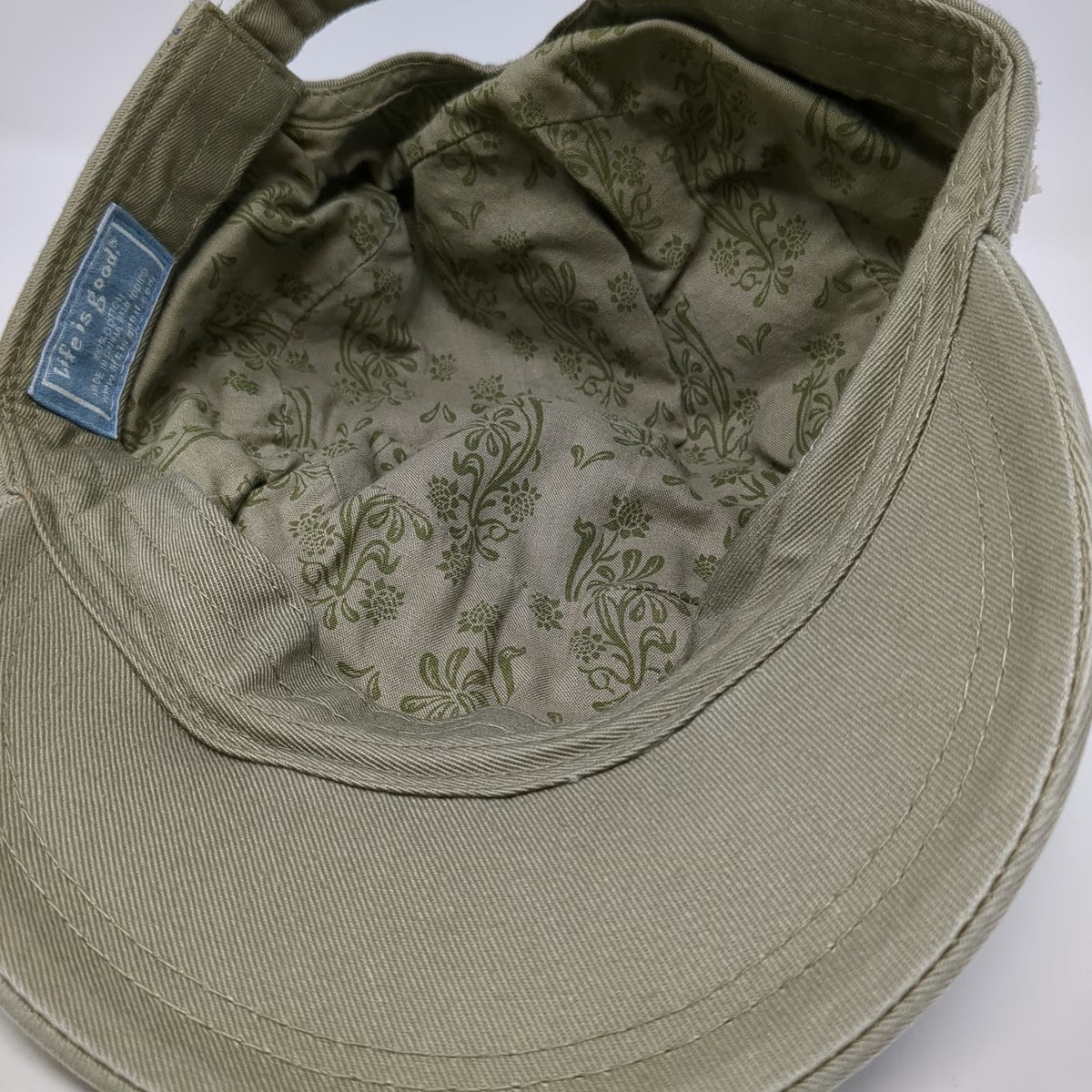 Life is Good Army Cap Green One Size Hat Embroidered Flowers Floral Lining Strap