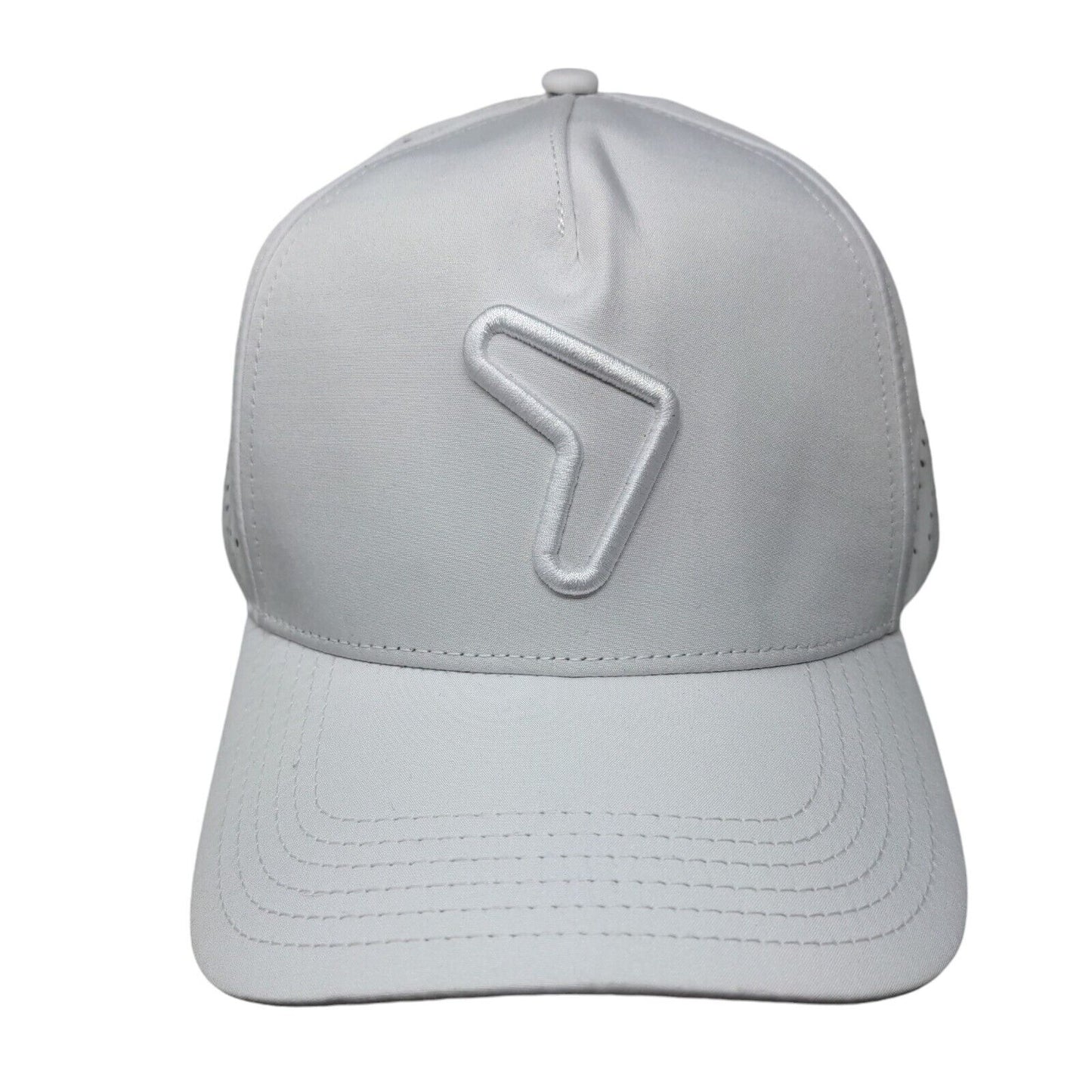 RepCard Snapback Hat White One Size Embroidered Logo Laser Cut