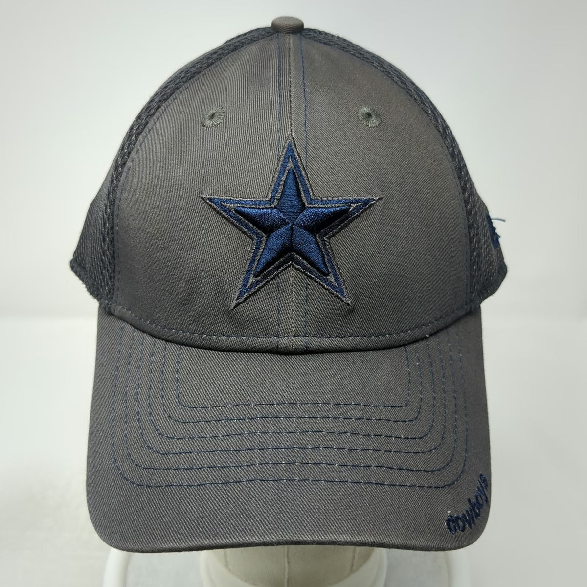 New Era NFL Dallas Cowboys Hat Cap Gray L Mesh Stretch Fit Star Logo Blue Brim