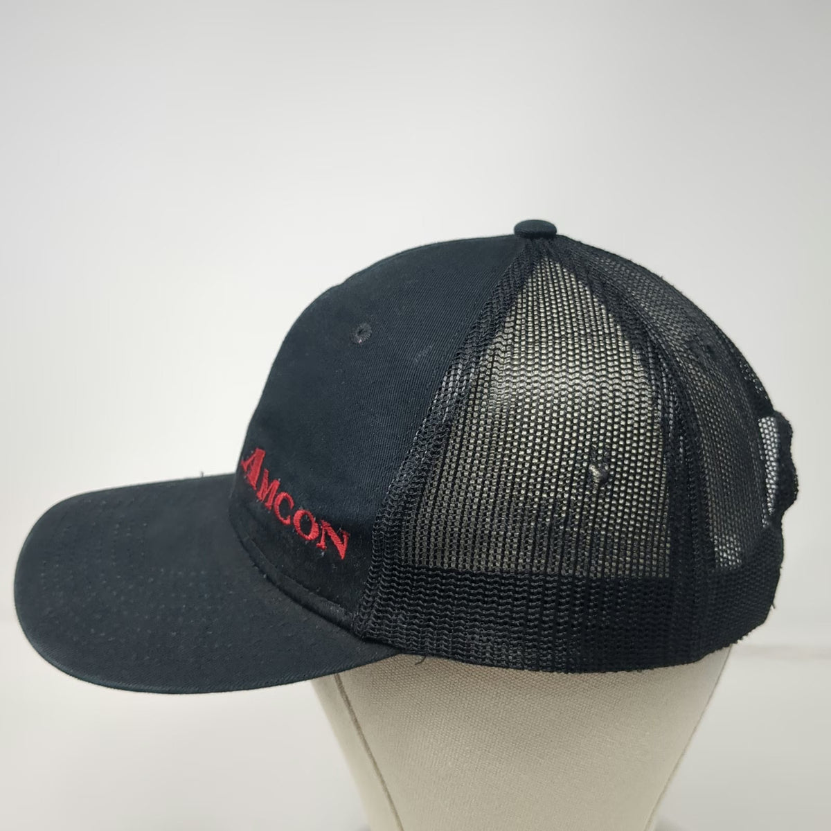 Port Authority Trucker Hat Black OSFM AMCON Red Logo Mesh Snapback Distressed