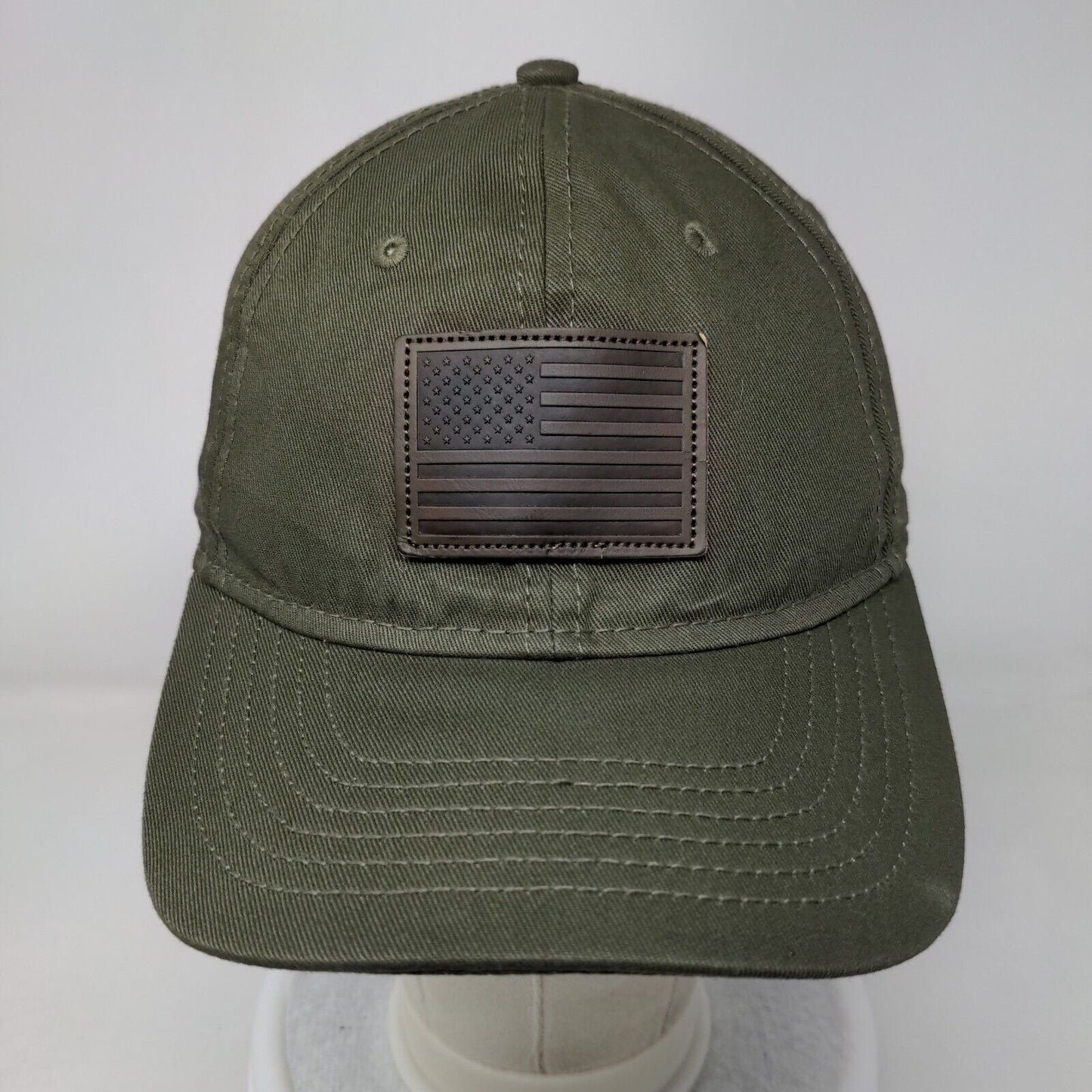 American Flag Leather Patch Strapback Hat Green One Size Adjustable