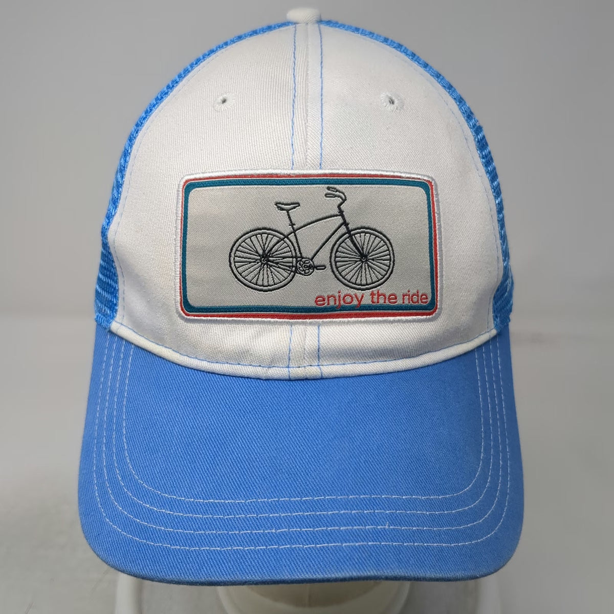 The Spindle Trucker Hat Blue One Size Snapback Enjoy Ride Bicycle Mesh Patch