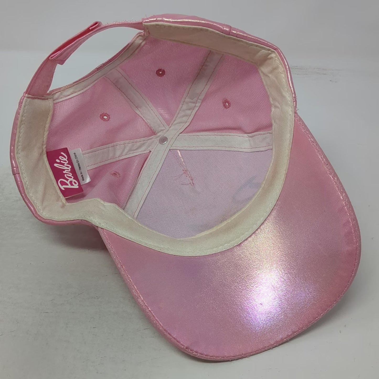 Barbie Girls Pink OS Hat Iridescent Script Logo Mattel Strapback Distressed