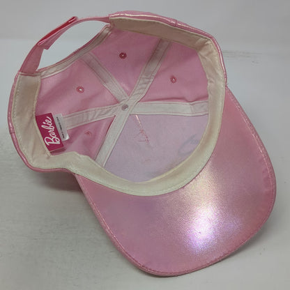 Barbie Girls Pink OS Hat Iridescent Script Logo Mattel Strapback Distressed