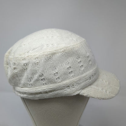 Army Cap White One Size Knit Pointelle Lace Pattern Polyester Elastic Back Hat