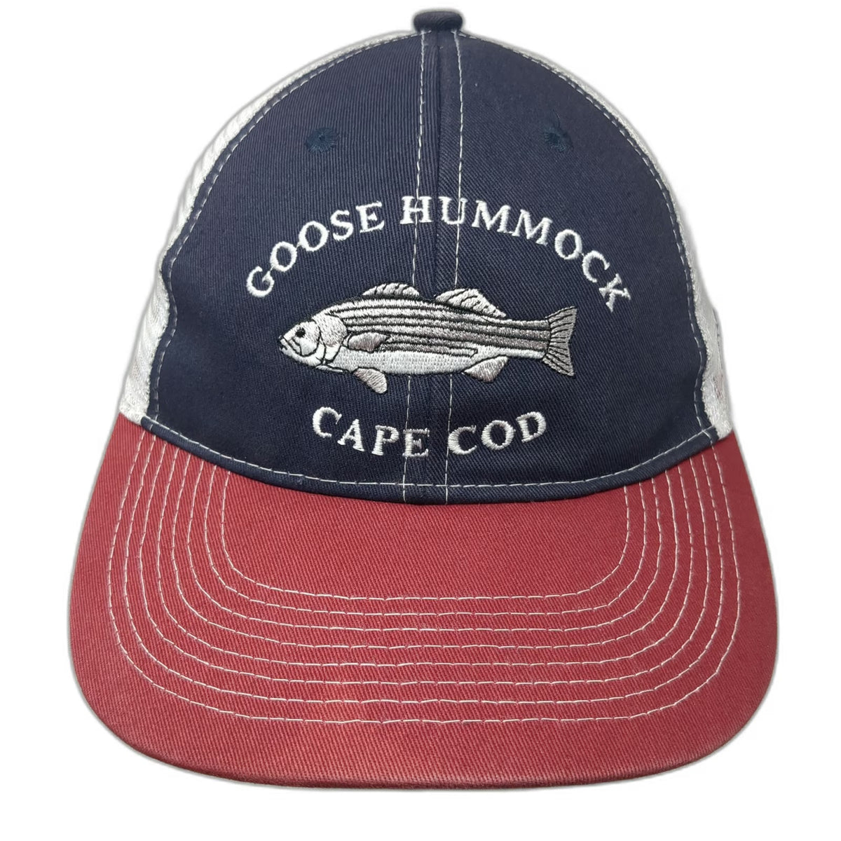 Goose Hummock Trucker Hat Blue Red One Size Striped Bass Cape Cod Snapback