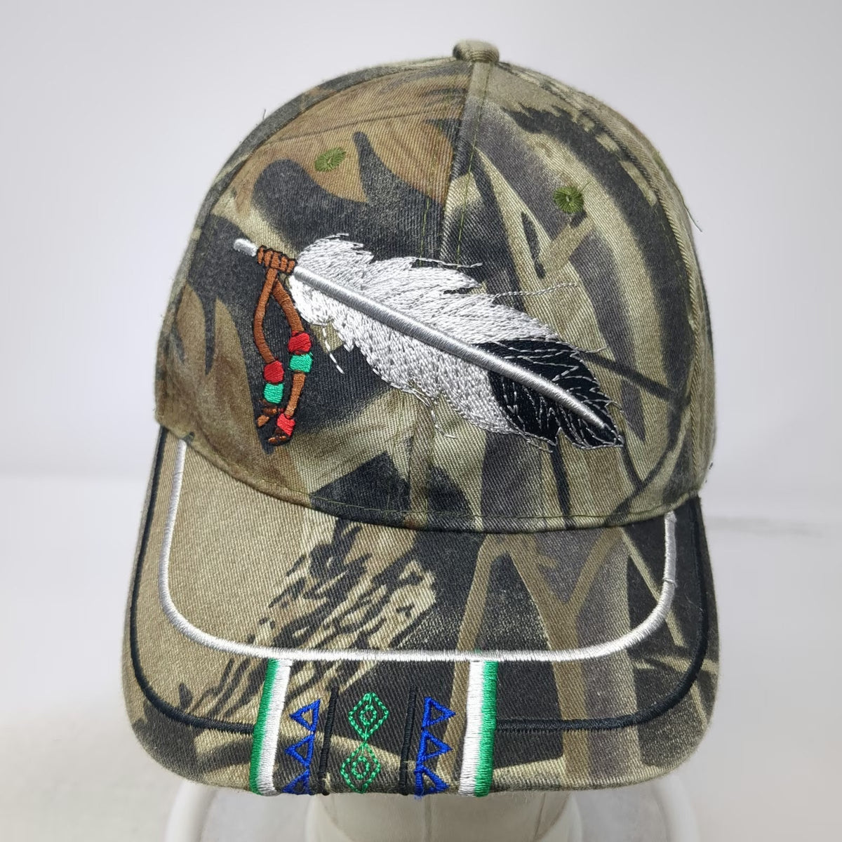 Camo Baseball Cap Green One Size Feather Indigenous Native American Pattern Hat