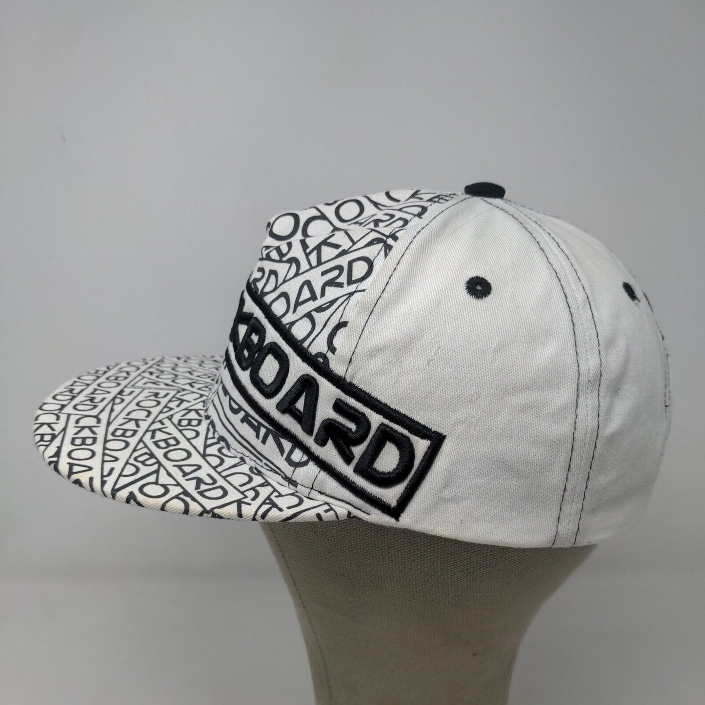 Rockboard Men's Strapback Hat White Black Embroidered All Over Print Logo Cotton