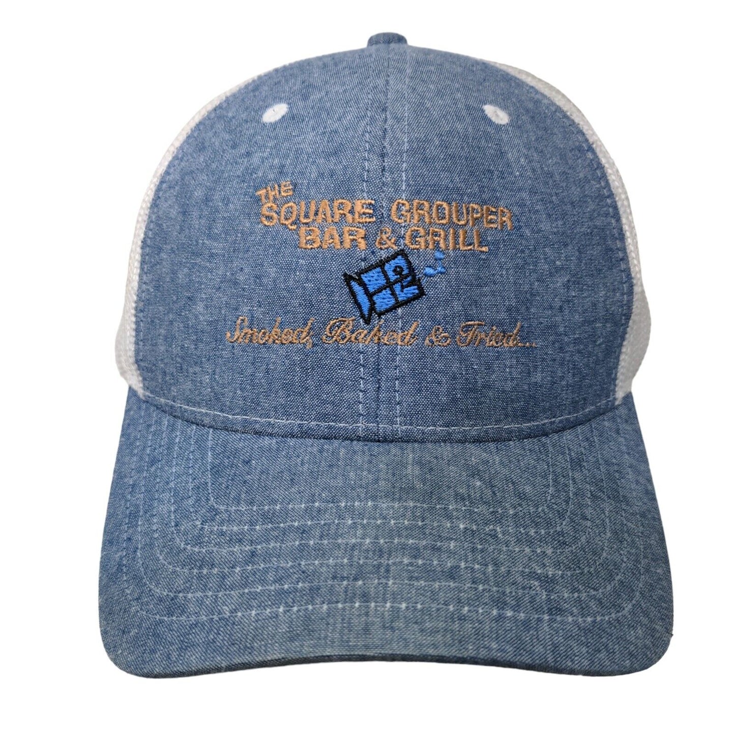 The Square Grouper Bar & Grill Trucker Hat Blue OSFM Embroidered Mesh Back