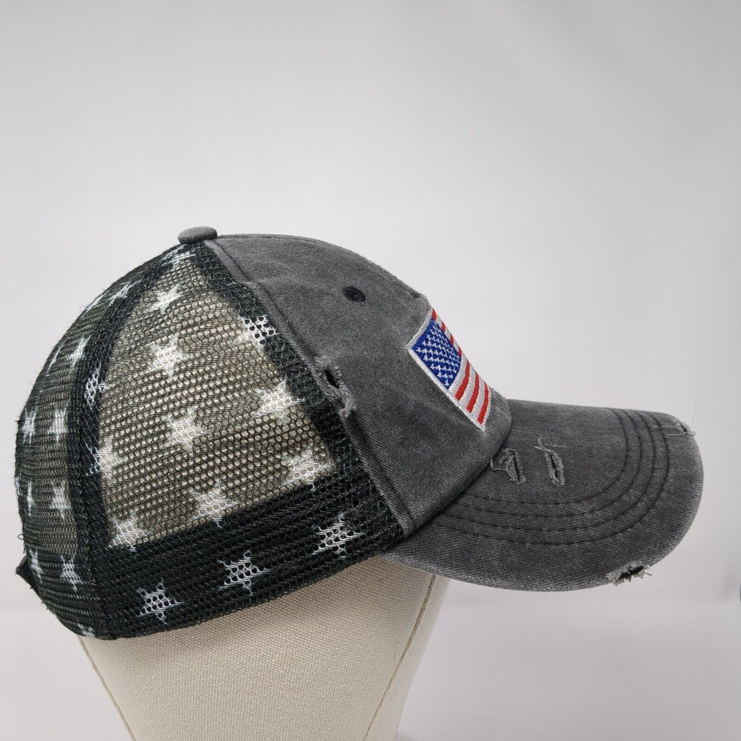 USA Flag Strapback Trucker Hat Gray One Size Distressed Patriotic Mesh Back