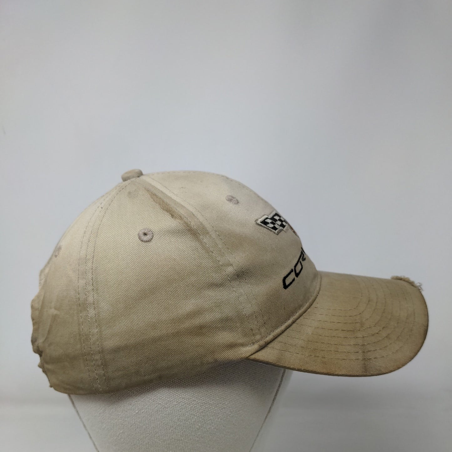 Corvette Strapback Hat Tan OSFM Embroidered Adjustable Vent Holes Distressed