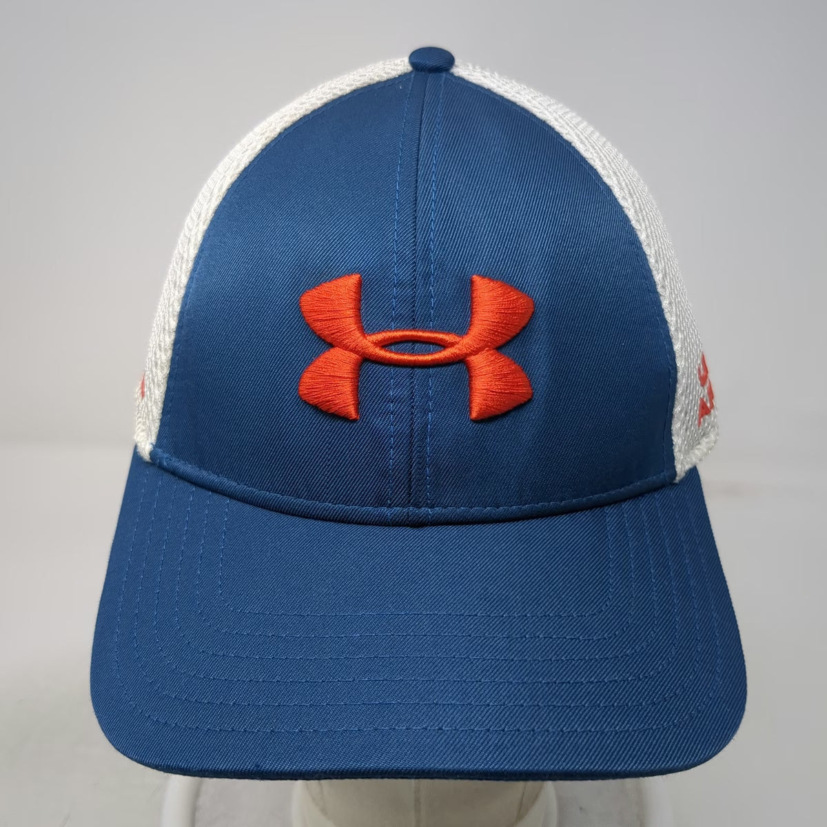 Under Armour Baseball Cap Blue L X-Golf Mesh Back Stretch Fit Hat Orange Logo
