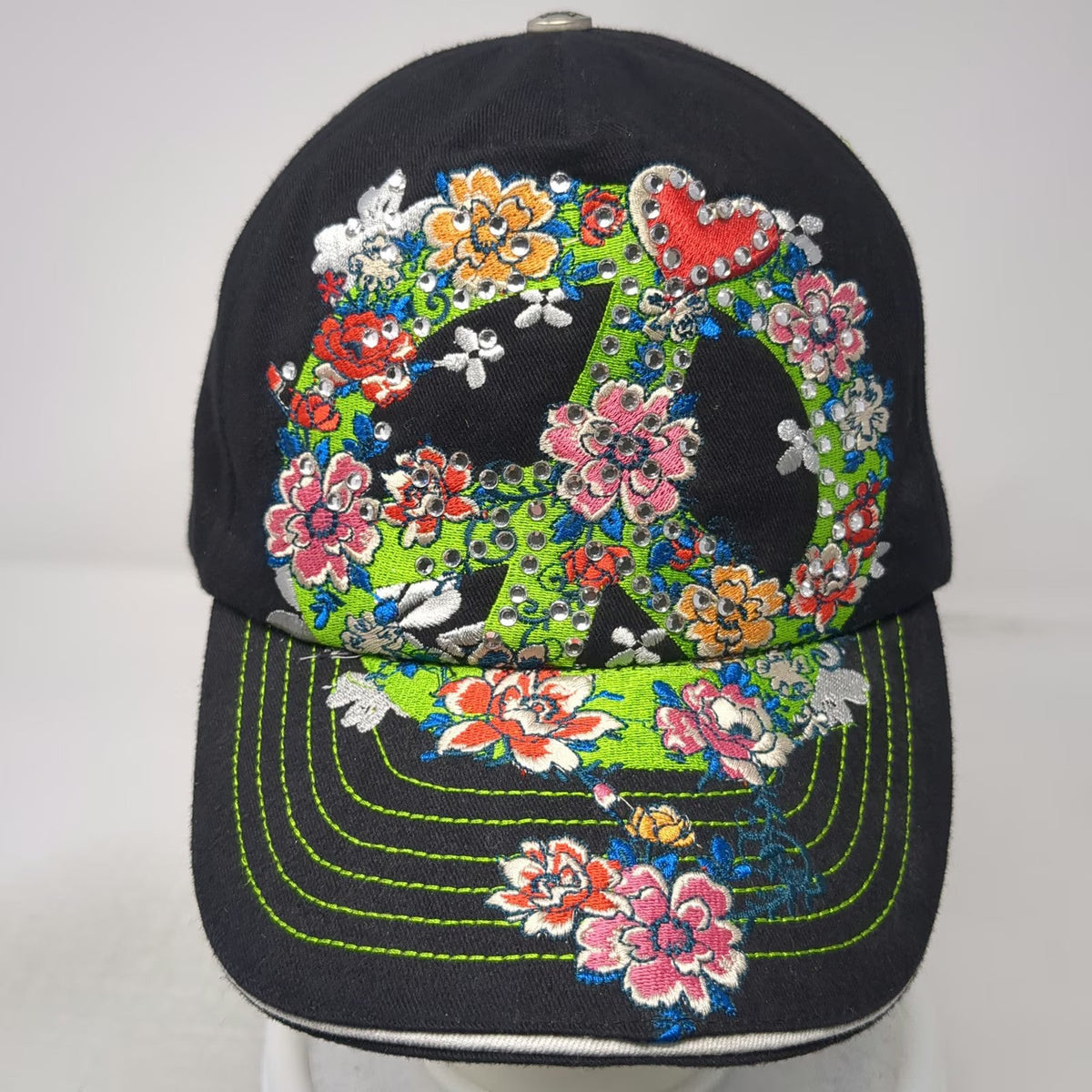 Jolly Roger 5 Panel Black Hat One Size Peace Sign Floral Embroidery Rhinestone
