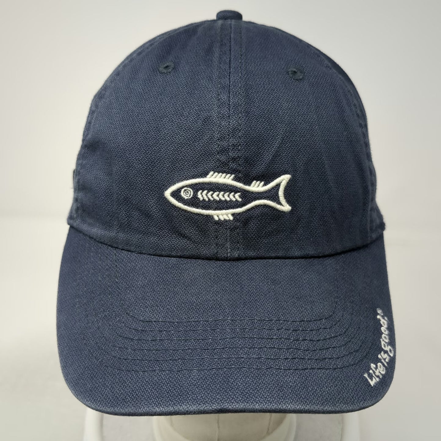 Life is Good Baseball Cap Blue One Size Fish Skeleton Embroidered Strapback Hat